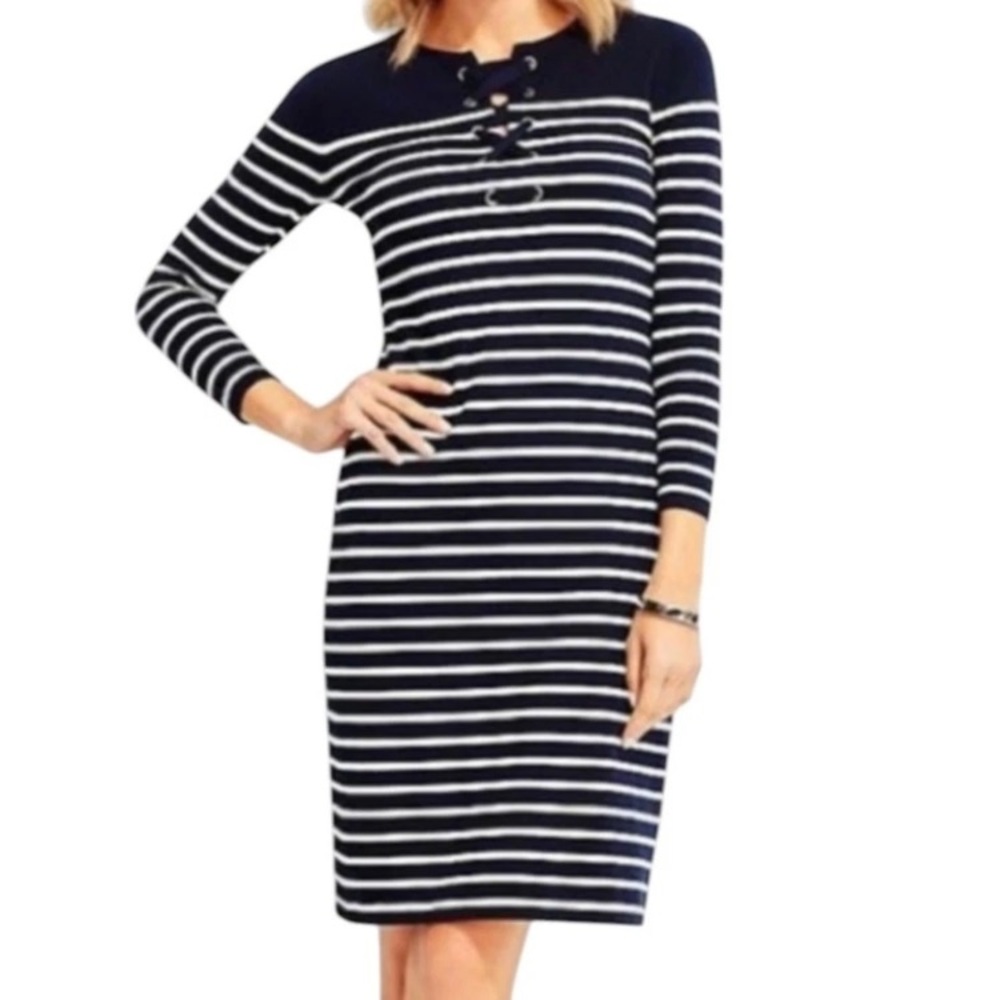 Talbots Stripe‎ lace up neck Cotton Dress 3/4 sleeve No Slit